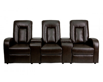 BLNK Eclipse Series LeatherSoft 3-Seat Reclining LeatherSoft Theater Seating Unit with Cup Holders - Brown