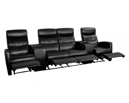 BLNK - Anetos Series 4-Seat Reclining Black LeatherSoft Theater Seating Unit with Cup Holders