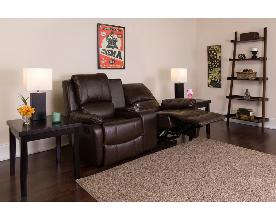 BLNK Allure Series LeatherSoft 2-Seat Reclining Pillow Back Theater Seating Unit with Cup Holders - Brown