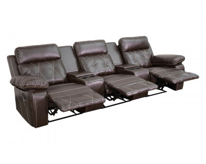 BLNK Reel Comfort Series LeatherSoft 3-Seat Reclining Theater Seating Unit with Straight Cup Holders - Brown