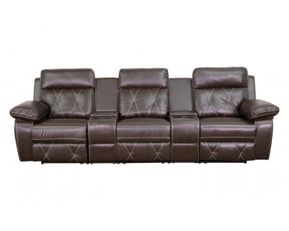 BLNK Reel Comfort Series LeatherSoft 3-Seat Reclining Theater Seating Unit with Straight Cup Holders - Brown