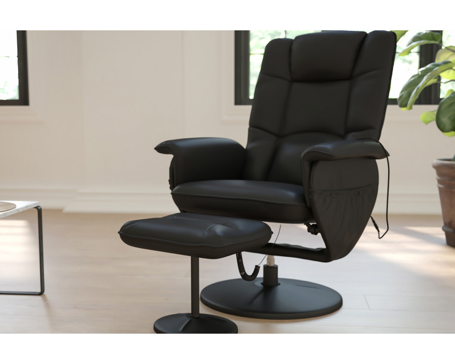 BLNK - Cason Massaging Adjustable Recliner with Deep Side Pockets and Ottoman with Wrapped Base in Black LeatherSoft