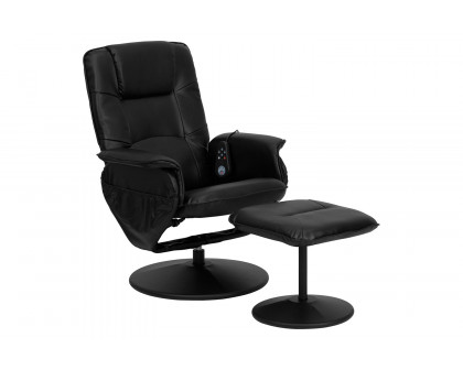 BLNK - Cason Massaging Adjustable Recliner with Deep Side Pockets and Ottoman with Wrapped Base in Black LeatherSoft