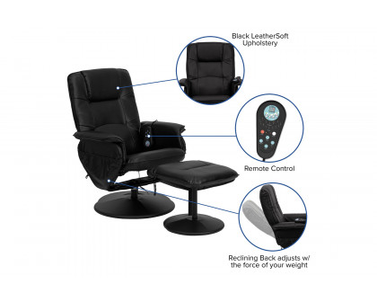 BLNK - Cason Massaging Adjustable Recliner with Deep Side Pockets and Ottoman with Wrapped Base in Black LeatherSoft