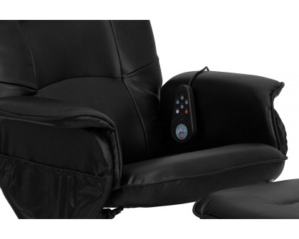 BLNK - Cason Massaging Adjustable Recliner with Deep Side Pockets and Ottoman with Wrapped Base in Black LeatherSoft