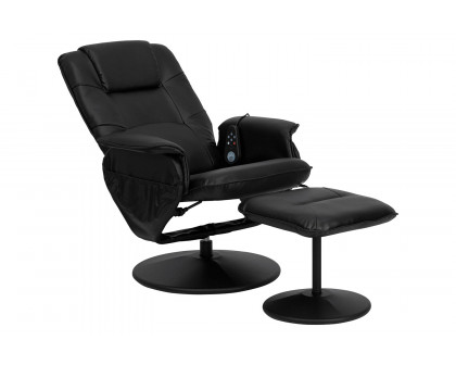 BLNK - Cason Massaging Adjustable Recliner with Deep Side Pockets and Ottoman with Wrapped Base in Black LeatherSoft