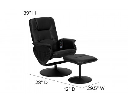 BLNK - Cason Massaging Adjustable Recliner with Deep Side Pockets and Ottoman with Wrapped Base in Black LeatherSoft