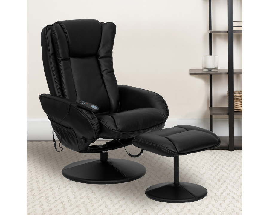 BLNK - Poppy Massaging Multi-Position Plush Recliner with Side Pocket and Ottoman in Black LeatherSoft