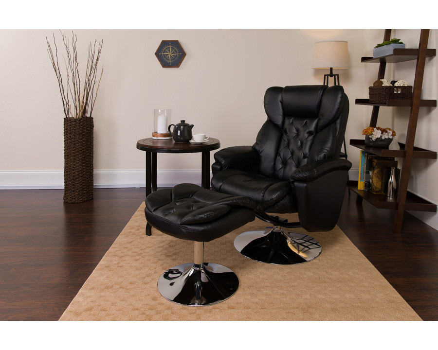 BLNK Wills Transitional Multi-Position Recliner and Ottoman with Chrome Base in Black LeatherSoft