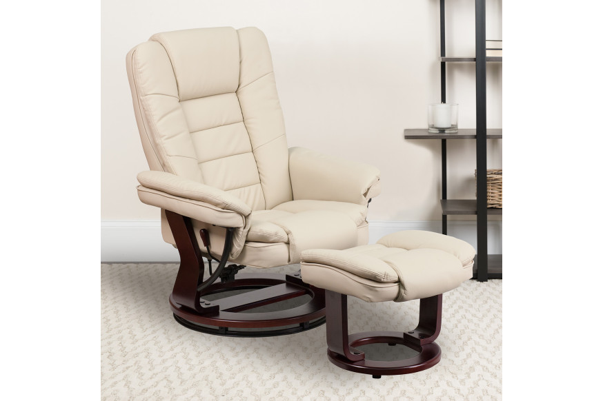 BLNK™ Bali LeatherSoft Contemporary Multi-Position Recliner with Horizontal Stitching and Ottoman with Swivel Mahogany Wood Base - Beige