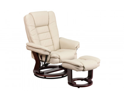 BLNK™ Bali LeatherSoft Contemporary Multi-Position Recliner with Horizontal Stitching and Ottoman with Swivel Mahogany Wood Base - Beige