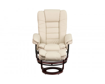 BLNK™ Bali LeatherSoft Contemporary Multi-Position Recliner with Horizontal Stitching and Ottoman with Swivel Mahogany Wood Base - Beige