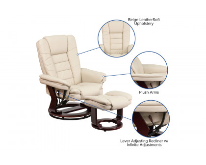 BLNK™ Bali LeatherSoft Contemporary Multi-Position Recliner with Horizontal Stitching and Ottoman with Swivel Mahogany Wood Base - Beige