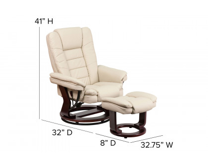 BLNK™ Bali LeatherSoft Contemporary Multi-Position Recliner with Horizontal Stitching and Ottoman with Swivel Mahogany Wood Base - Beige