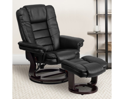 BLNK Bali LeatherSoft Contemporary Multi-Position Recliner with Horizontal Stitching and Ottoman with Swivel Mahogany Wood Base