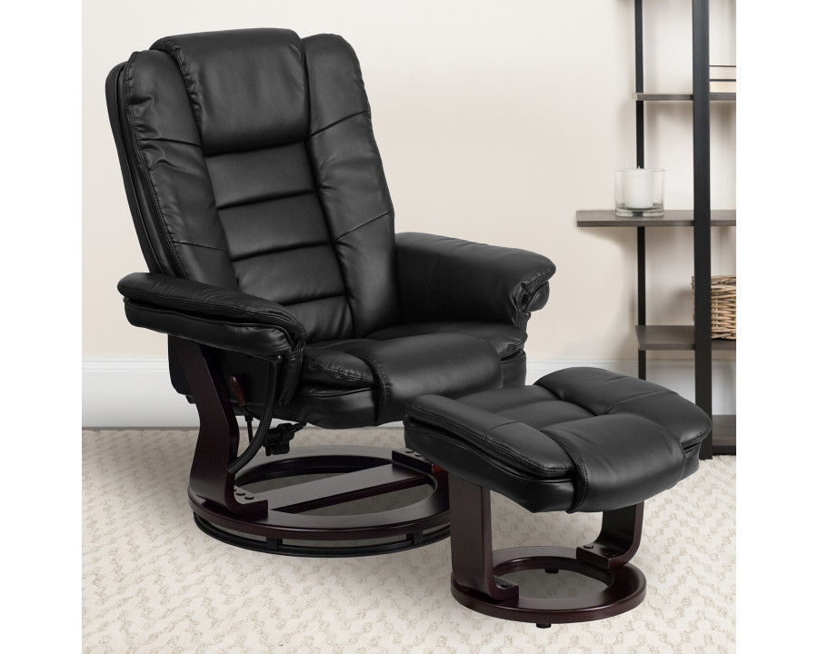 BLNK Bali LeatherSoft Contemporary Multi-Position Recliner with Horizontal Stitching and Ottoman with Swivel Mahogany Wood Base - Black