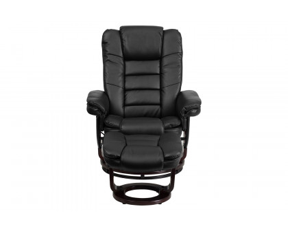 BLNK Bali LeatherSoft Contemporary Multi-Position Recliner with Horizontal Stitching and Ottoman with Swivel Mahogany Wood Base - Black