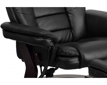 BLNK Bali LeatherSoft Contemporary Multi-Position Recliner with Horizontal Stitching and Ottoman with Swivel Mahogany Wood Base - Black