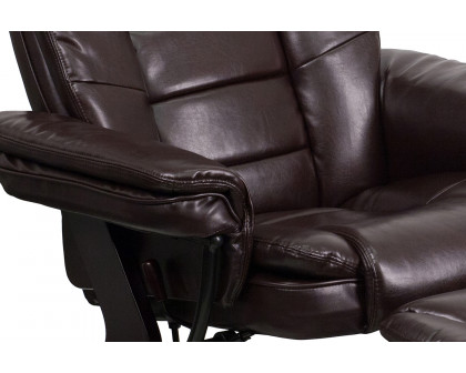 BLNK™ Bali LeatherSoft Contemporary Multi-Position Recliner with Horizontal Stitching and Ottoman with Swivel Mahogany Wood Base - Brown