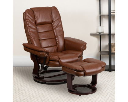 BLNK Bali LeatherSoft Contemporary Multi-Position Recliner with Horizontal Stitching and Ottoman with Swivel Mahogany Wood Base