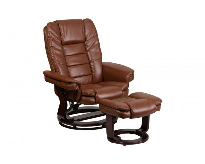 BLNK Bali LeatherSoft Contemporary Multi-Position Recliner with Horizontal Stitching and Ottoman with Swivel Mahogany Wood Base - Vintage Brown