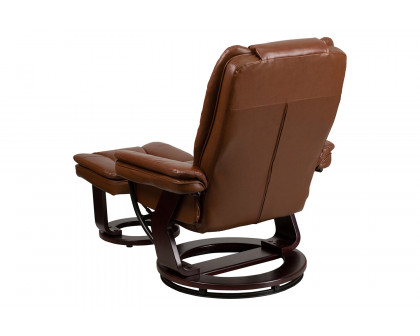 BLNK Bali LeatherSoft Contemporary Multi-Position Recliner with Horizontal Stitching and Ottoman with Swivel Mahogany Wood Base - Vintage Brown