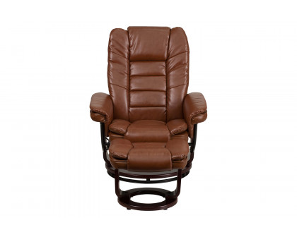 BLNK Bali LeatherSoft Contemporary Multi-Position Recliner with Horizontal Stitching and Ottoman with Swivel Mahogany Wood Base - Vintage Brown