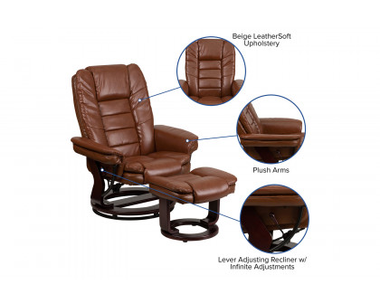 BLNK Bali LeatherSoft Contemporary Multi-Position Recliner with Horizontal Stitching and Ottoman with Swivel Mahogany Wood Base - Vintage Brown