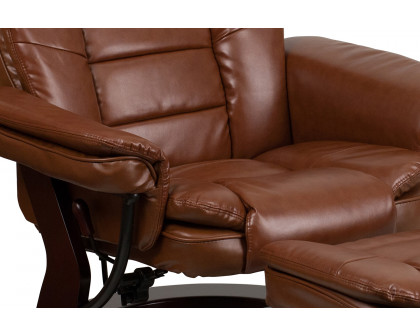 BLNK Bali LeatherSoft Contemporary Multi-Position Recliner with Horizontal Stitching and Ottoman with Swivel Mahogany Wood Base - Vintage Brown