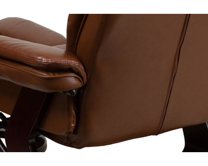 BLNK Bali LeatherSoft Contemporary Multi-Position Recliner with Horizontal Stitching and Ottoman with Swivel Mahogany Wood Base - Vintage Brown