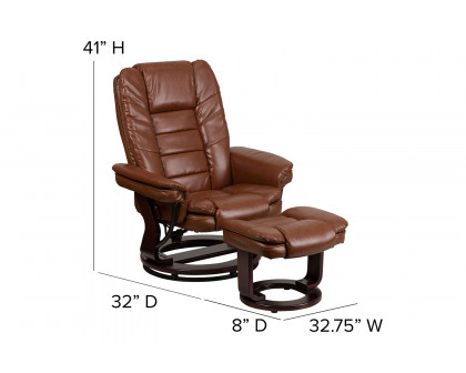 BLNK Bali LeatherSoft Contemporary Multi-Position Recliner with Horizontal Stitching and Ottoman with Swivel Mahogany Wood Base - Vintage Brown