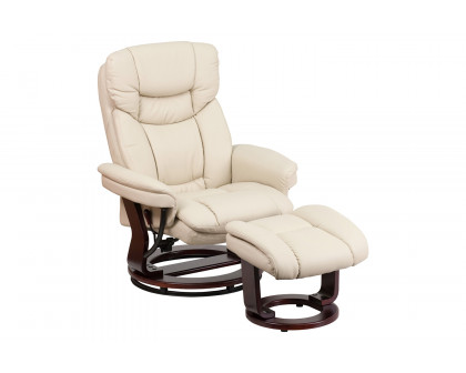 BLNK Allie LeatherSoft Contemporary Multi-Position Recliner and Curved Ottoman with Swivel Mahogany Wood Base - Beige