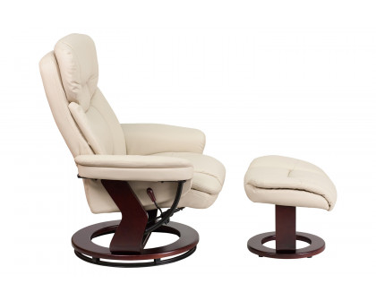 BLNK Allie LeatherSoft Contemporary Multi-Position Recliner and Curved Ottoman with Swivel Mahogany Wood Base - Beige