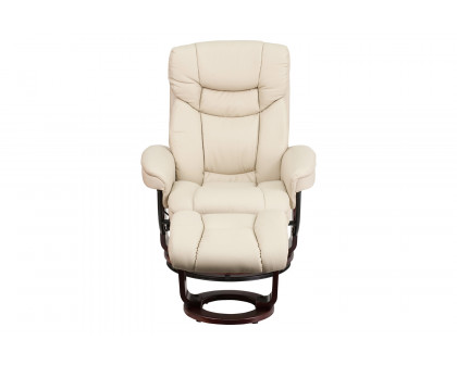 BLNK Allie LeatherSoft Contemporary Multi-Position Recliner and Curved Ottoman with Swivel Mahogany Wood Base - Beige