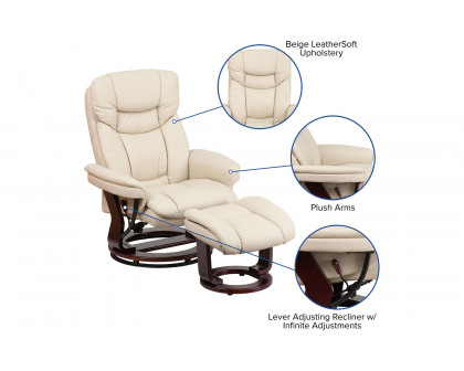 BLNK Allie LeatherSoft Contemporary Multi-Position Recliner and Curved Ottoman with Swivel Mahogany Wood Base - Beige