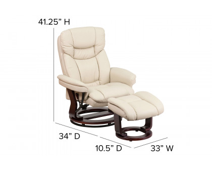 BLNK Allie LeatherSoft Contemporary Multi-Position Recliner and Curved Ottoman with Swivel Mahogany Wood Base - Beige