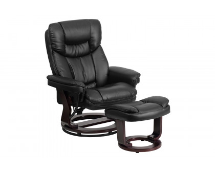 BLNK Allie LeatherSoft Contemporary Multi-Position Recliner and Curved Ottoman with Swivel Mahogany Wood Base - Black