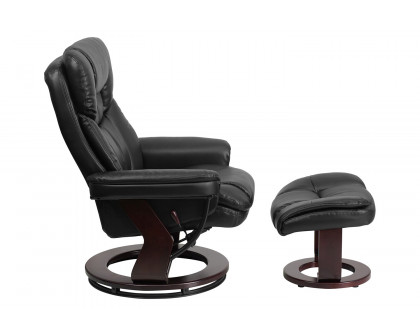 BLNK Allie LeatherSoft Contemporary Multi-Position Recliner and Curved Ottoman with Swivel Mahogany Wood Base - Black