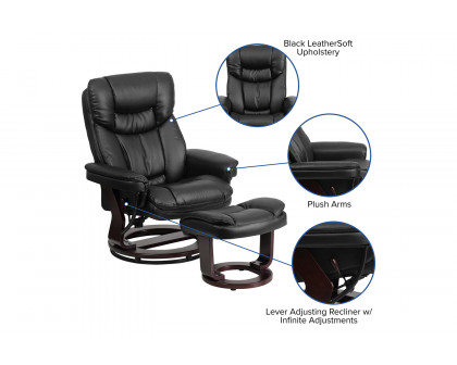 BLNK Allie LeatherSoft Contemporary Multi-Position Recliner and Curved Ottoman with Swivel Mahogany Wood Base - Black