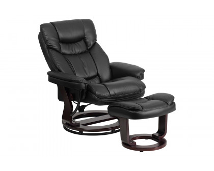 BLNK Allie LeatherSoft Contemporary Multi-Position Recliner and Curved Ottoman with Swivel Mahogany Wood Base - Black