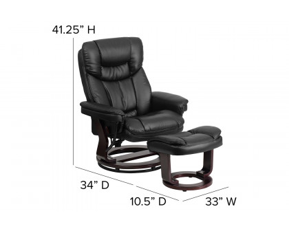 BLNK Allie LeatherSoft Contemporary Multi-Position Recliner and Curved Ottoman with Swivel Mahogany Wood Base - Black