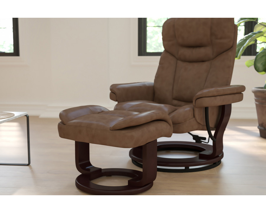 BLNK Allie LeatherSoft Contemporary Multi-Position Recliner and Curved Ottoman with Swivel Mahogany Wood Base