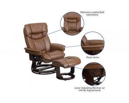 BLNK Allie LeatherSoft Contemporary Multi-Position Recliner and Curved Ottoman with Swivel Mahogany Wood Base - Palimino