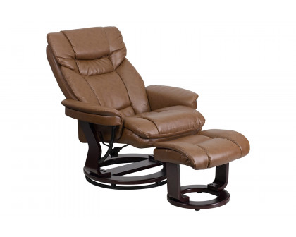 BLNK Allie LeatherSoft Contemporary Multi-Position Recliner and Curved Ottoman with Swivel Mahogany Wood Base - Palimino