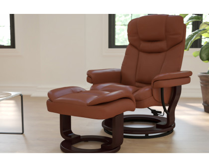 BLNK Allie LeatherSoft Contemporary Multi-Position Recliner and Curved Ottoman with Swivel Mahogany Wood Base