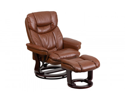 BLNK Allie LeatherSoft Contemporary Multi-Position Recliner and Curved Ottoman with Swivel Mahogany Wood Base - Brown Vintage