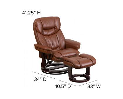 BLNK Allie LeatherSoft Contemporary Multi-Position Recliner and Curved Ottoman with Swivel Mahogany Wood Base - Brown Vintage