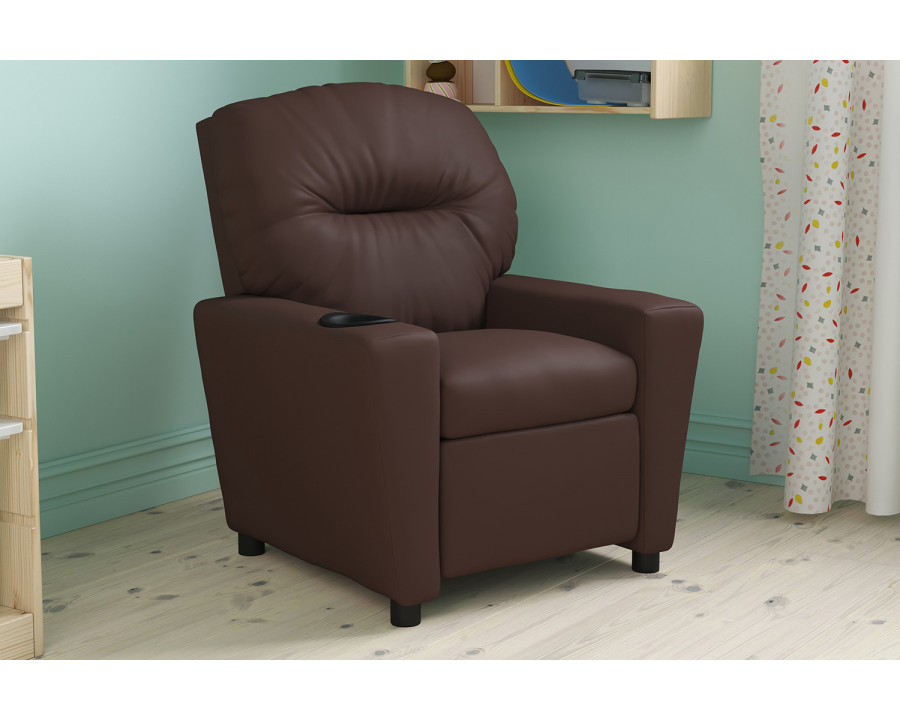 BLNK Chandler LeatherSoft Contemporary Kids Recliner with Cup Holder - Brown