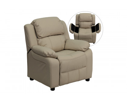 BLNK Charlie Deluxe Vinyl Padded Contemporary Kids Recliner with Storage Arms - Beige