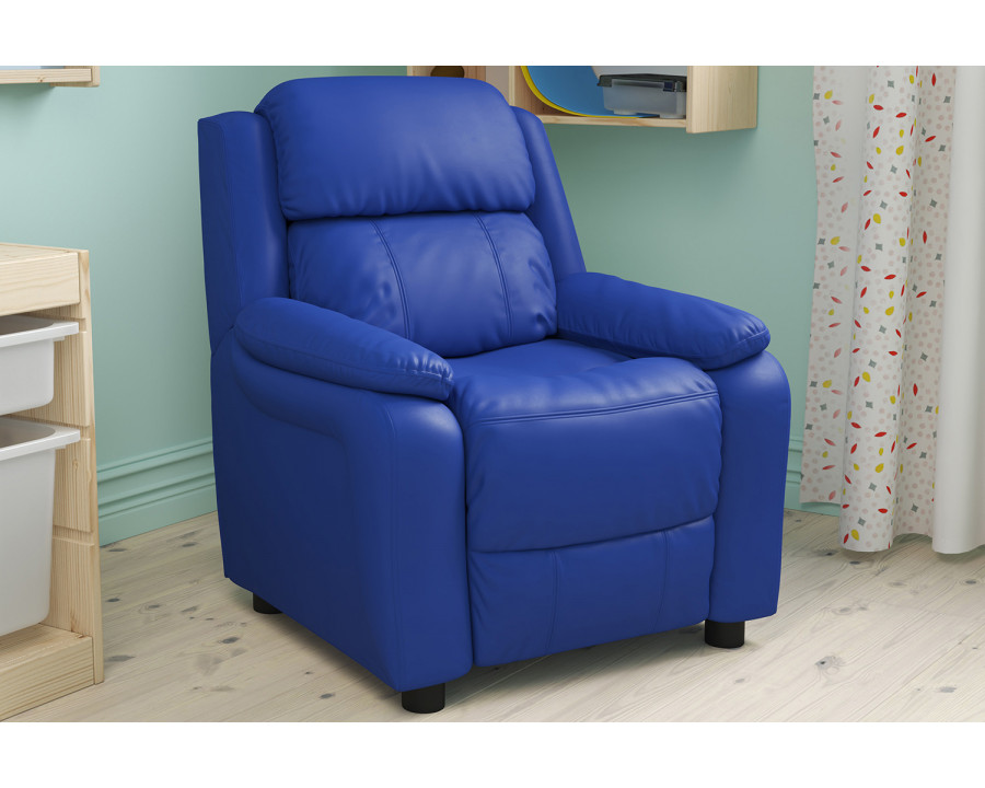 BLNK Charlie Deluxe Vinyl Padded Contemporary Kids Recliner with Storage Arms - Blue